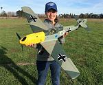 Pilot Evelyn holding the new Durafly 1100mm BF-109E, available from Hobby King.