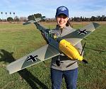 Pilot Evelyn holding the new Durafly 1100mm BF-109E, available from Hobby King.