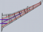 red are 0.8mm wide spars designed into the wings. Blue are spaces for Carbon Fiber tubes to be embedded as wing spars, and joiners for attaching to the fuselage.