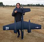 RC Pilot Evelyn holding the 1600mm F7F-3 Tigercat