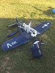 This is what happened today when the prop came apart. The airplane literally exploded in air. There was a debris field about 200 ft long. A prop blade at one end. Motor and cowl with one blade still attached. The battery and esc were about 50 feet from there. The majority of the airplane was in between all this. I had well over 25 flights on this airplane, but in a shallow dive as I firewalled it, all hell broke loose. The picture was taken back in the pit area. Never did find two of the prop blades. I do i